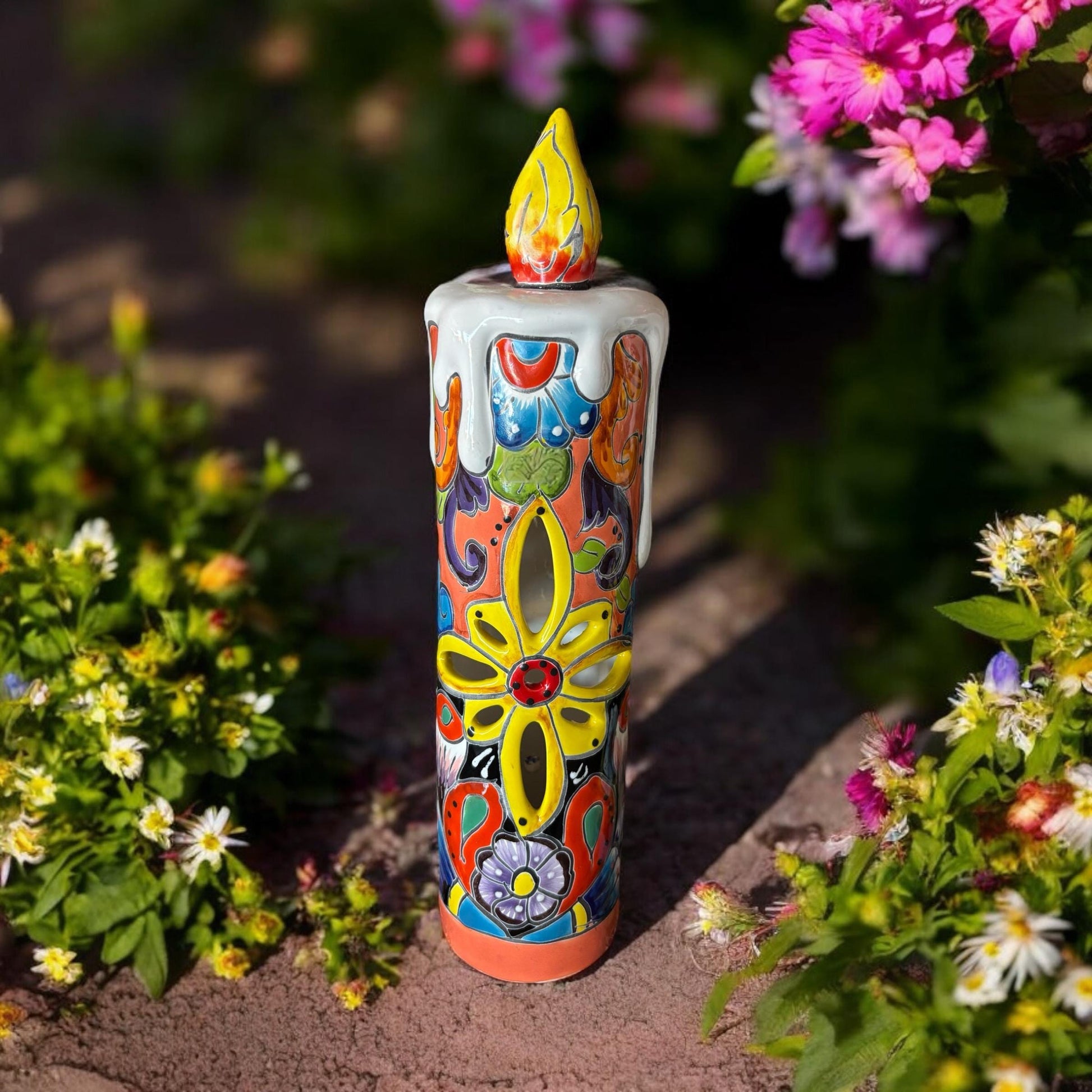 Colorful Hand Painted Hollow Candle Holiday Statue For Tea Candle, Authentic Mexican Ceramic Hand Crafted Talavera