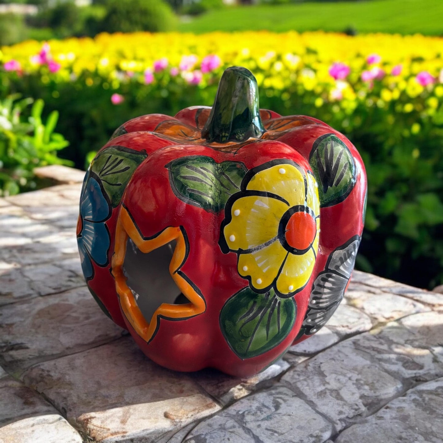 Hollow Hand Painted Pumpkin Thanksgiving Holiday Statue For Tea Candle, Authentic Mexican Ceramic Hand Crafted Talavera