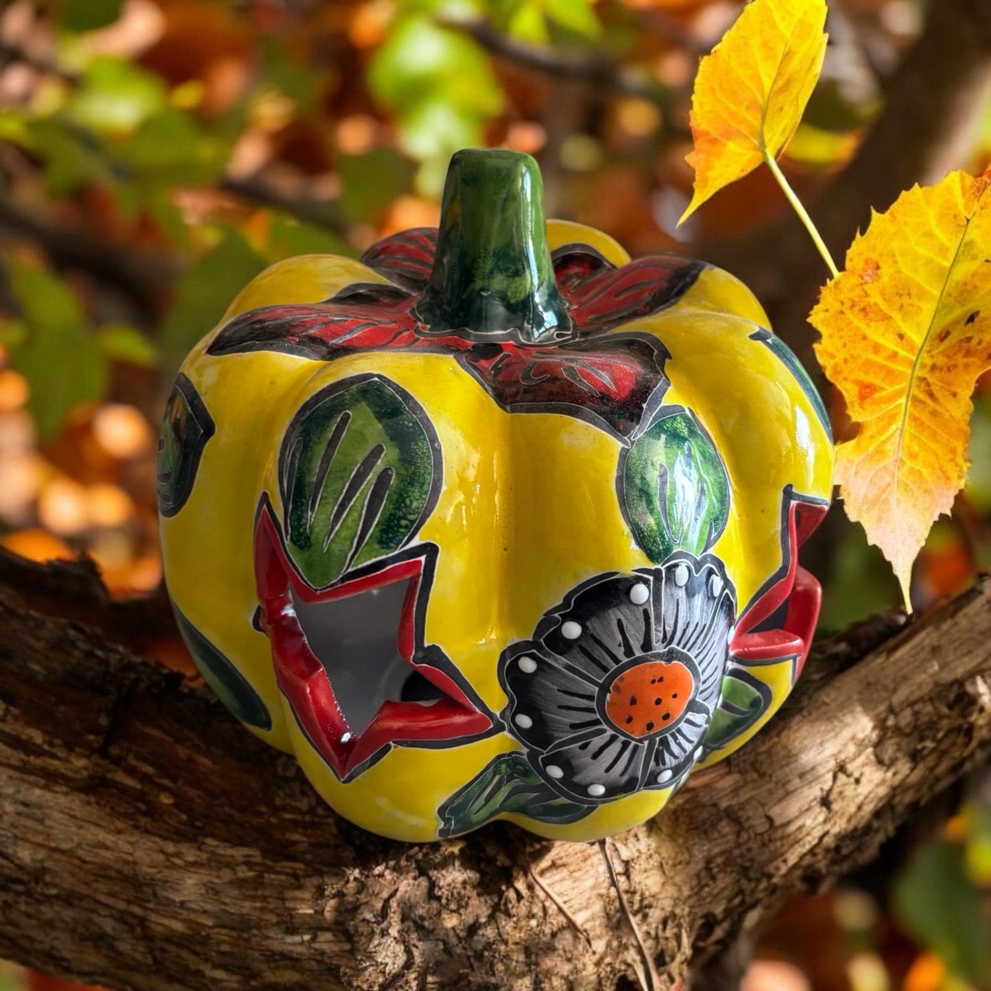 Hollow Hand Painted Pumpkin Thanksgiving Holiday Statue For Tea Candle, Authentic Mexican Ceramic Hand Crafted Talavera