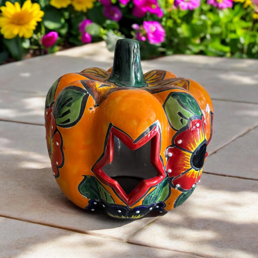 Hollow Hand Painted Pumpkin Thanksgiving Holiday Statue For Tea Candle, Authentic Mexican Ceramic Hand Crafted Talavera