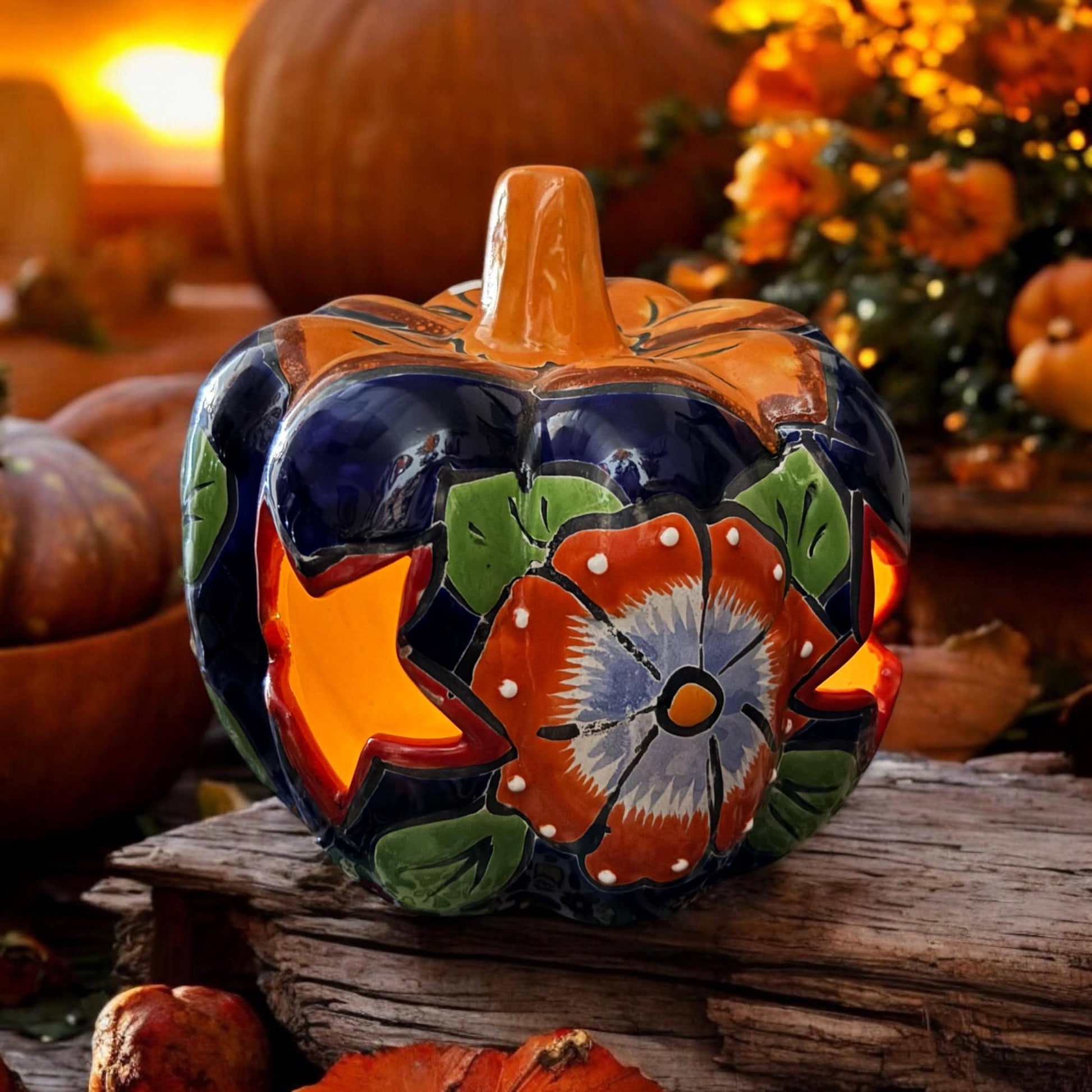 Hollow Hand Painted Pumpkin Thanksgiving Holiday Statue For Tea Candle, Authentic Mexican Ceramic Hand Crafted Talavera