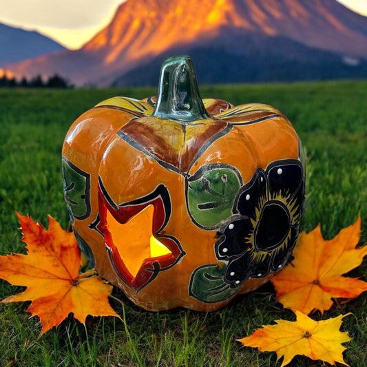 Hollow Hand Painted Pumpkin Thanksgiving Holiday Statue For Tea Candle, Authentic Mexican Ceramic Hand Crafted Talavera