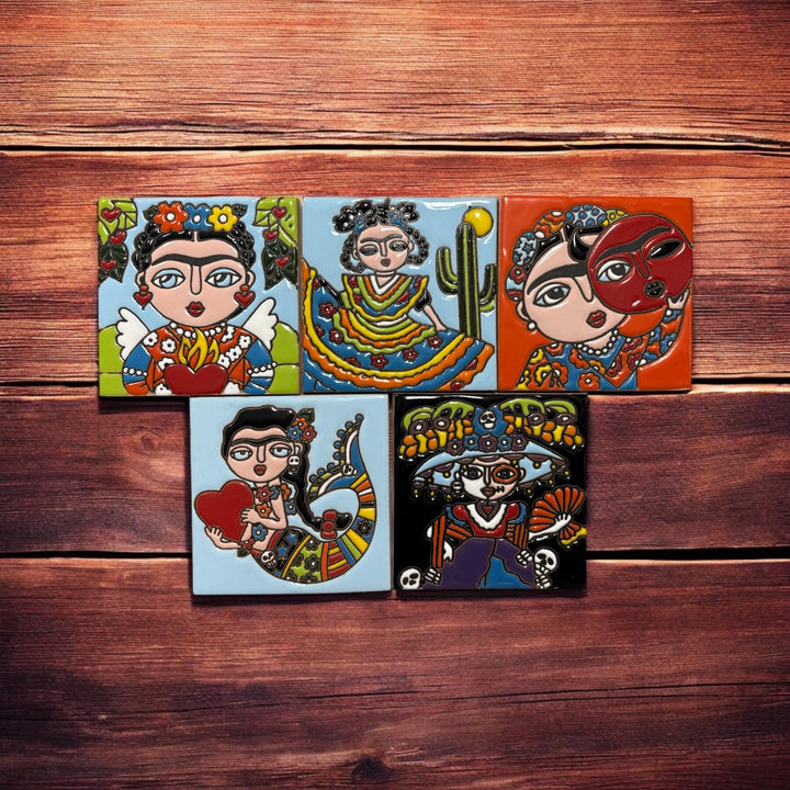 Set of 5 Frida Kahlo Small Hand Painted Tiles