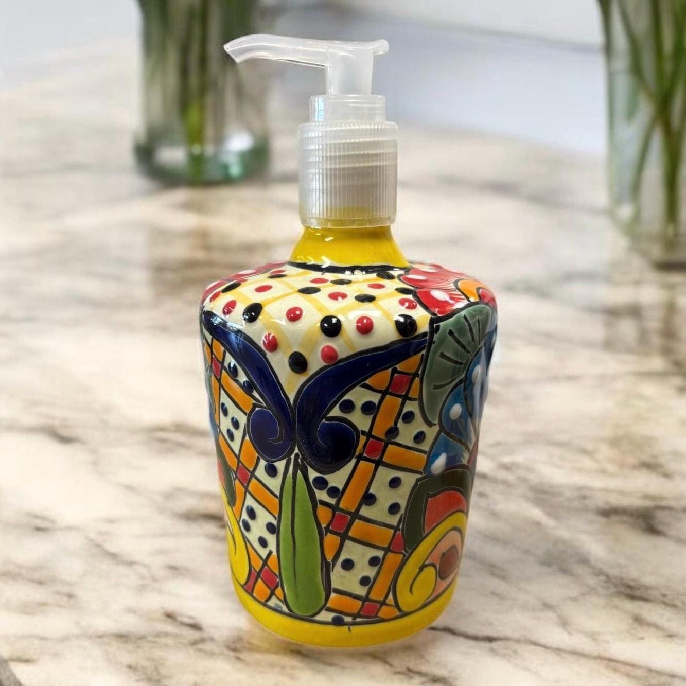 Colorful Hand Painted Talavera Soap Dispenser, Authentic Mexican Ceramic Hand Crafted Talavera