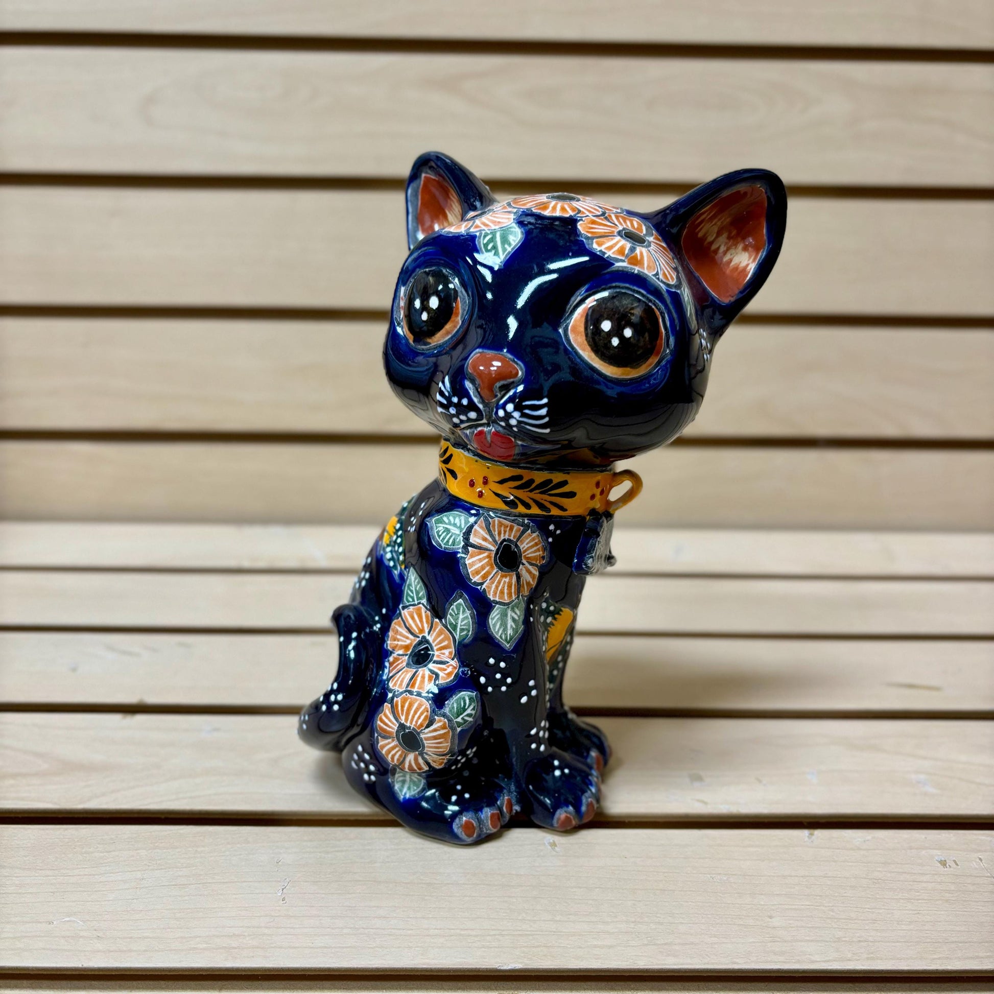 Hand Painted Silly Cat Sculpture, Authentic Ceramic Hand Crafted Mexican Talavera