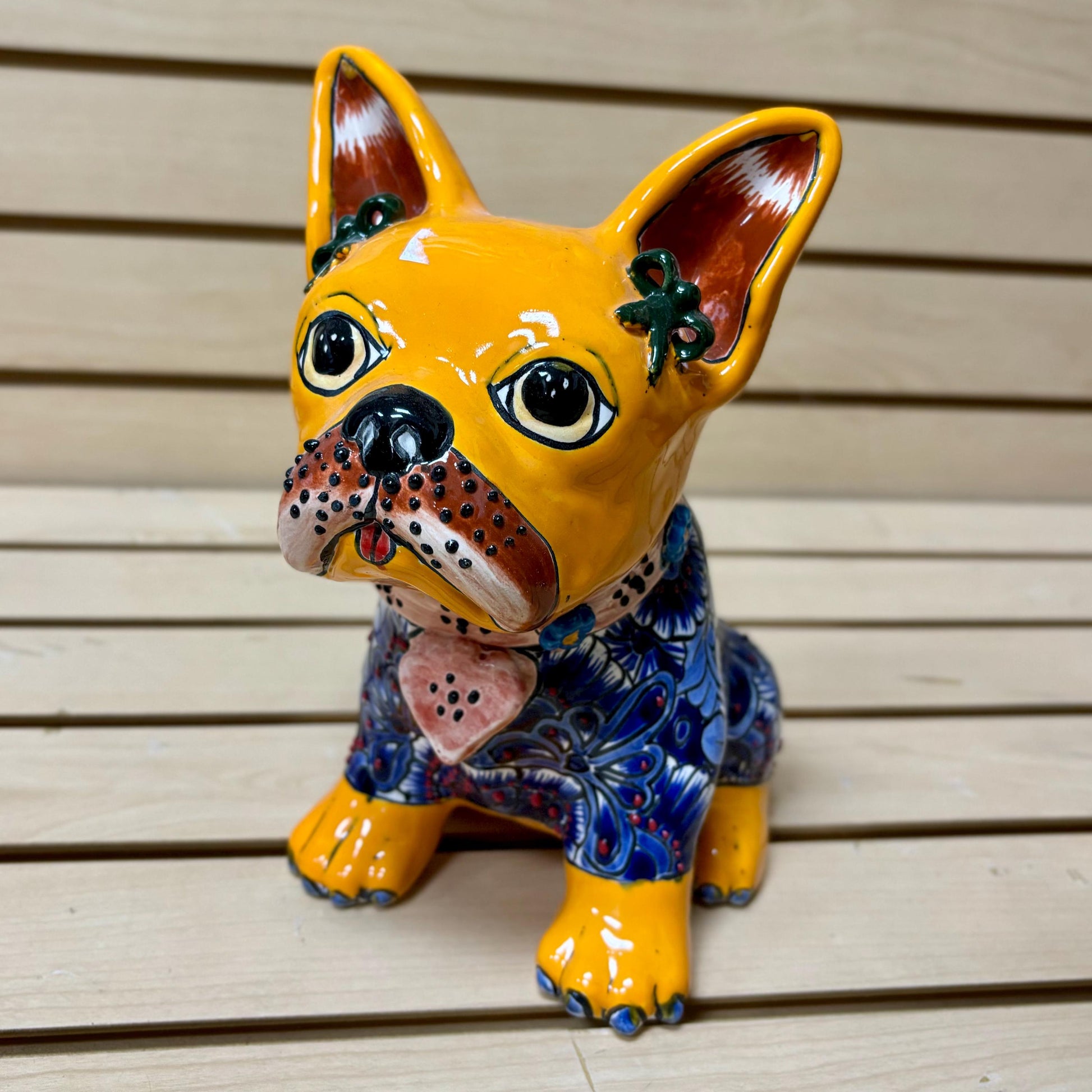 Hand Painted French Bulldog Dog Sculpture, Authentic Mexican Ceramic Hand Crafted Talavera