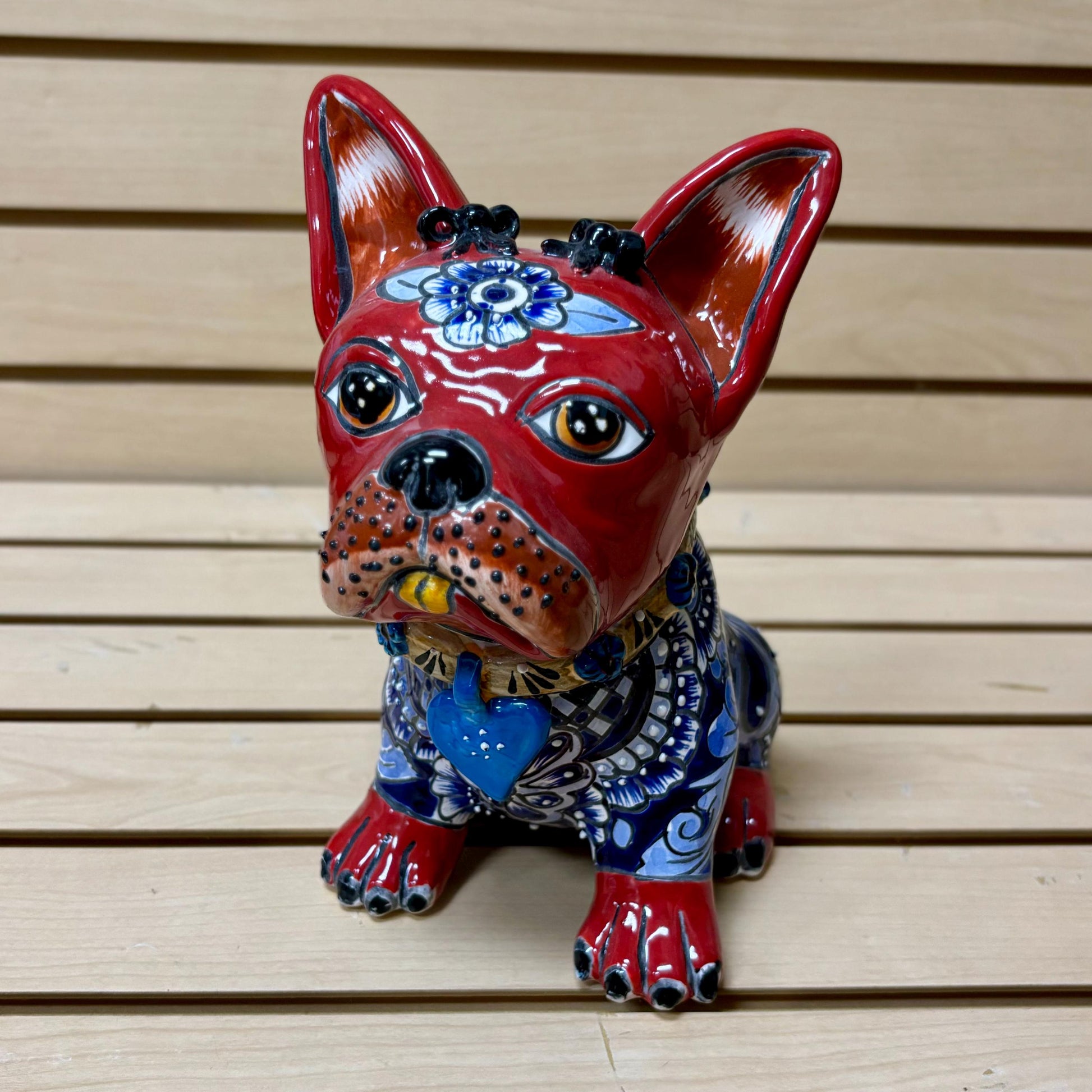 Hand Painted French Bulldog Dog Sculpture, Authentic Mexican Ceramic Hand Crafted Talavera