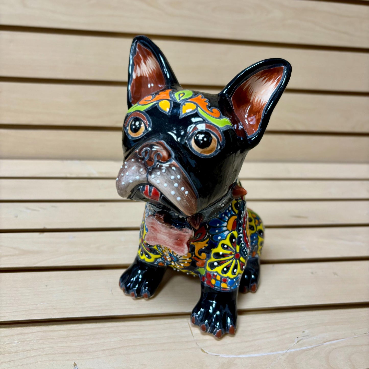 Hand Painted French Bulldog Dog Sculpture, Authentic Mexican Ceramic Hand Crafted Talavera