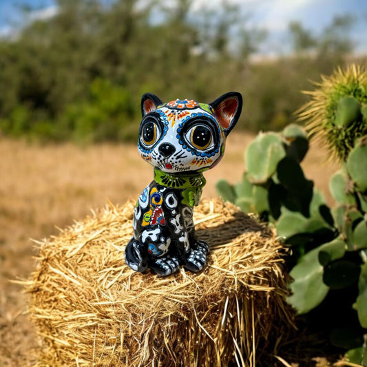 Hand Painted Day of the Dead Cat Sculpture, Authentic Ceramic Hand Crafted Mexican Talavera