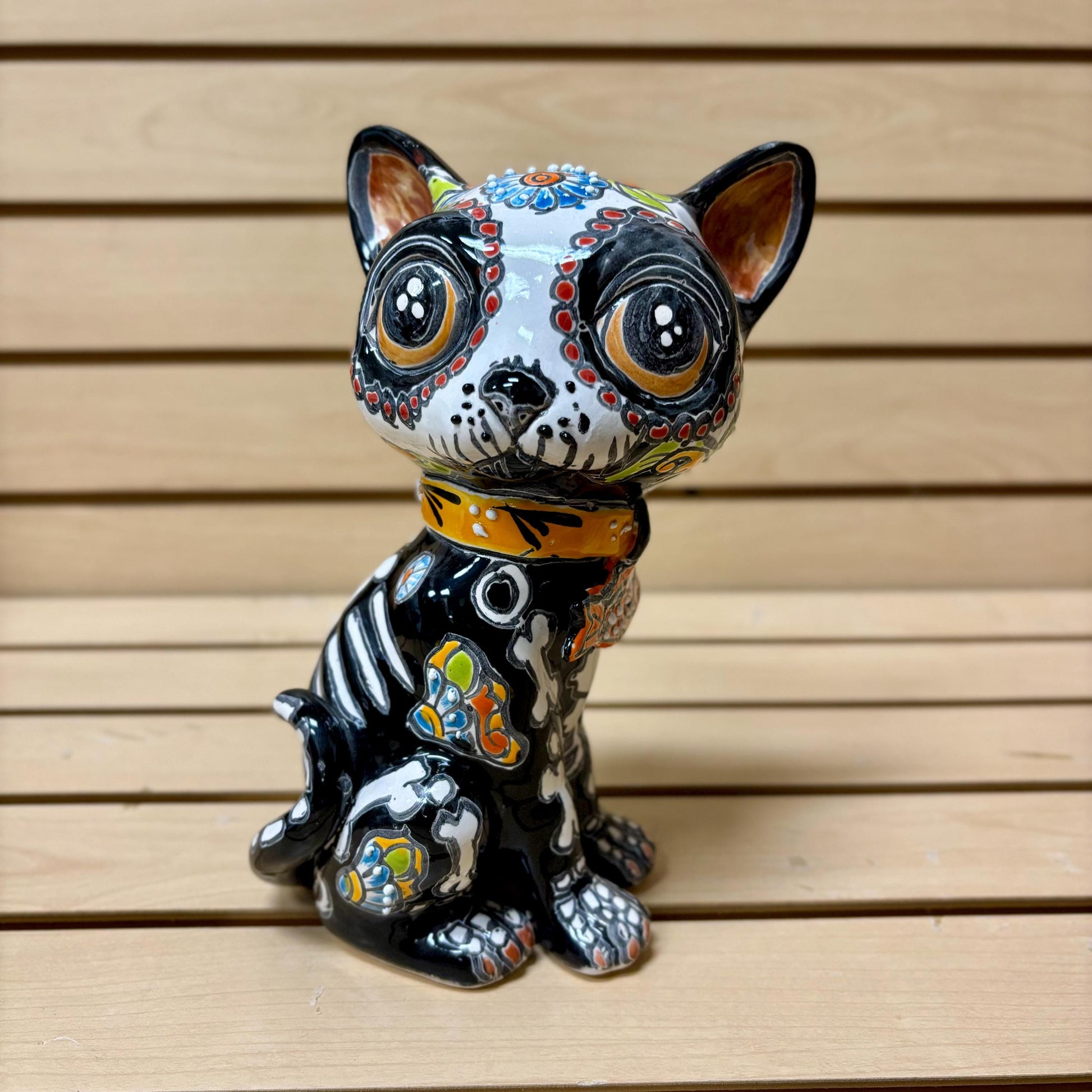 Hand Painted Day of the Dead Cat Sculpture, Authentic Ceramic Hand Crafted Mexican Talavera