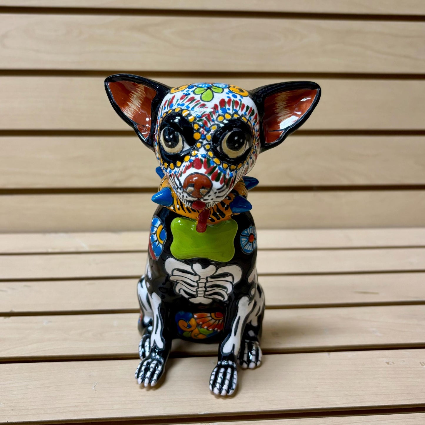 Hand Painted Day of the Dead Chihuahua Dog Sculpture, Authentic Ceramic Hand Crafted Mexican Talavera