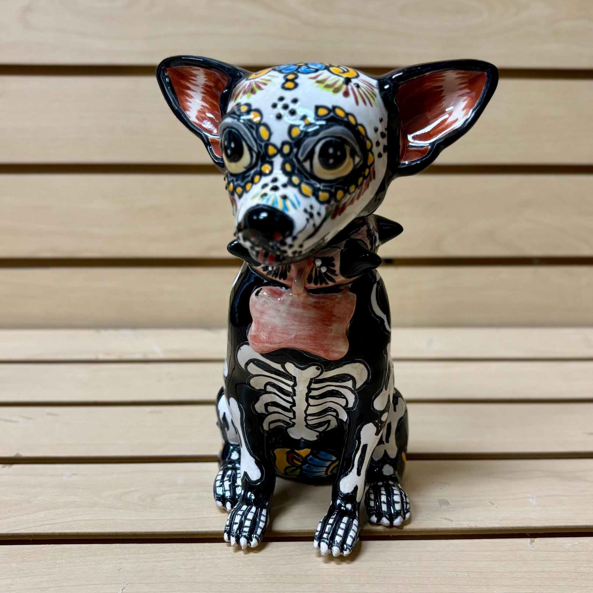 Hand Painted Day of the Dead Chihuahua Dog Sculpture, Authentic Ceramic Hand Crafted Mexican Talavera