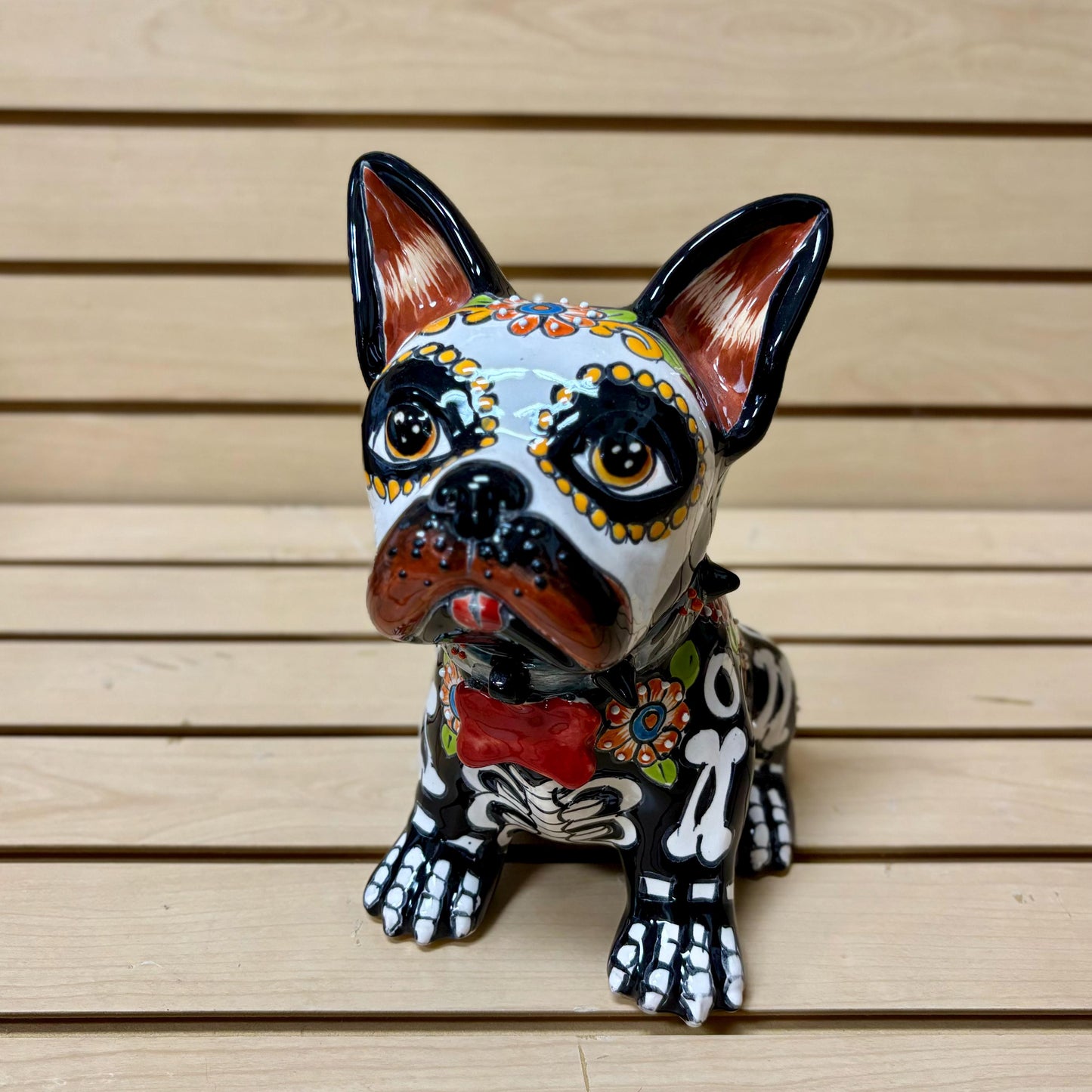 Hand Painted Day of the Dead French Bulldog Dog Sculpture, Authentic Mexican Ceramic Hand Crafted Talavera