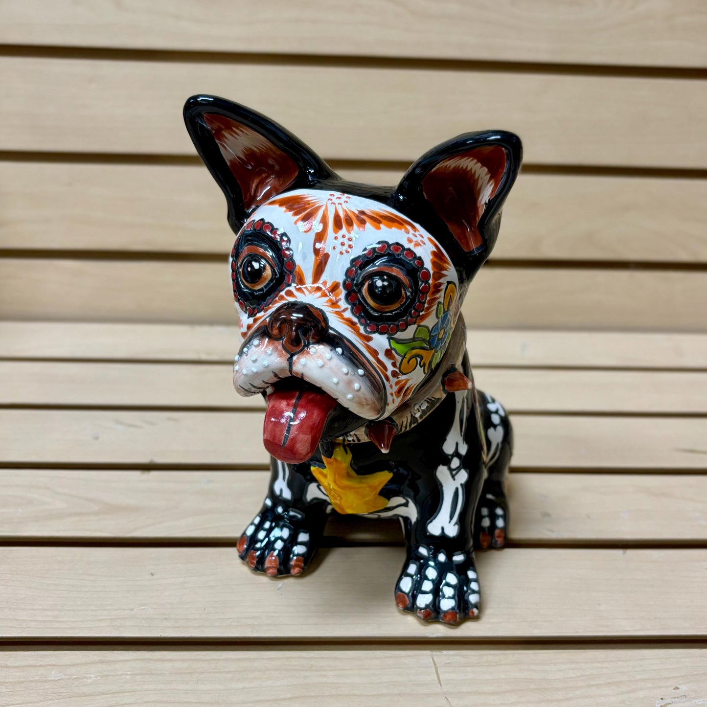 Hand Painted Day of the Dead French Bulldog Dog Sculpture, Authentic Mexican Ceramic Hand Crafted Talavera