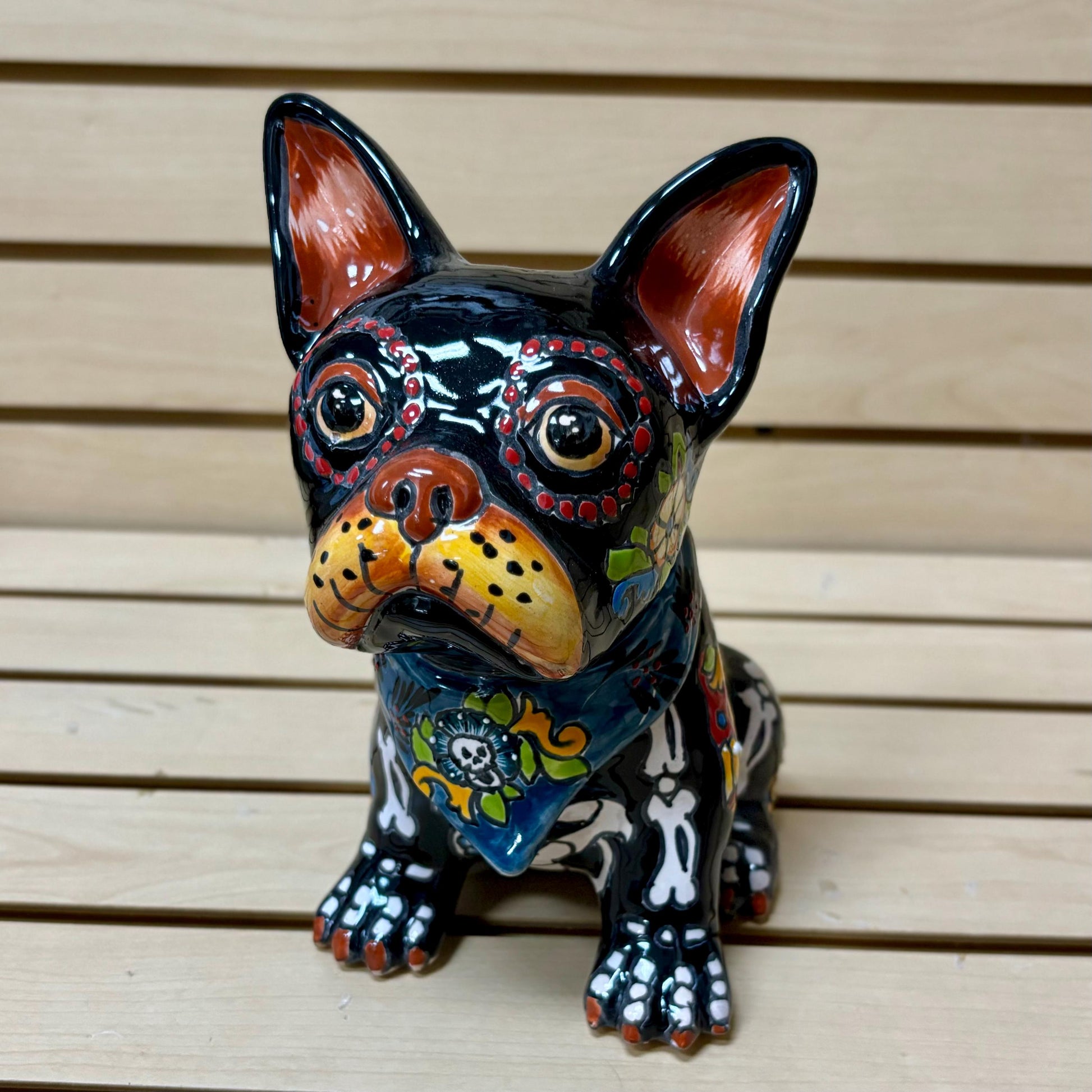 Hand Painted Day of the Dead French Bulldog Dog Sculpture, Authentic Mexican Ceramic Hand Crafted Talavera