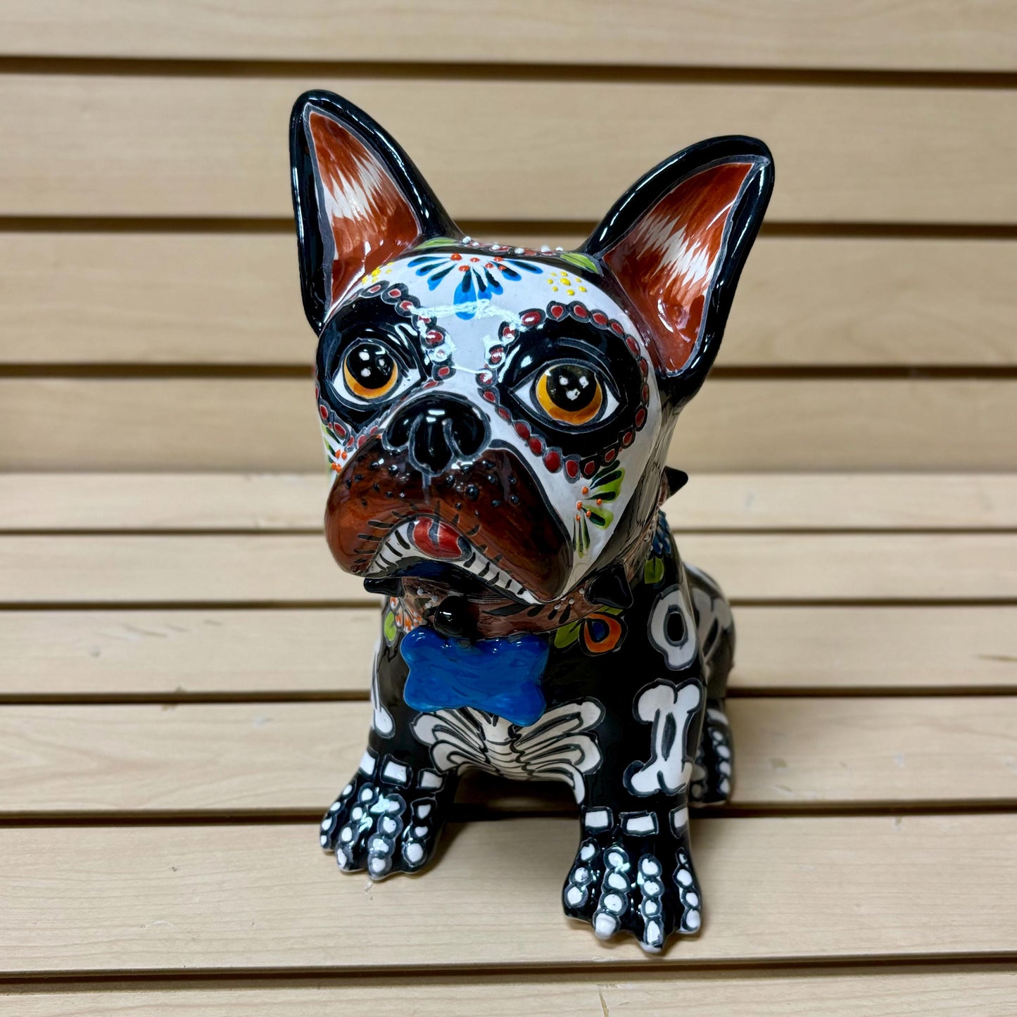 Hand Painted Day of the Dead French Bulldog Dog Sculpture, Authentic Mexican Ceramic Hand Crafted Talavera