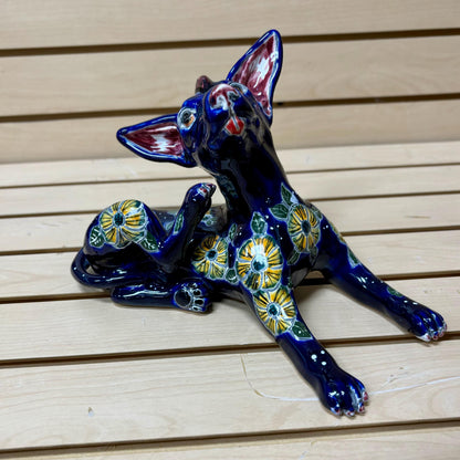 Hand Painted Scratching Dog Sculpture, Authentic Ceramic Hand Crafted Mexican Talavera