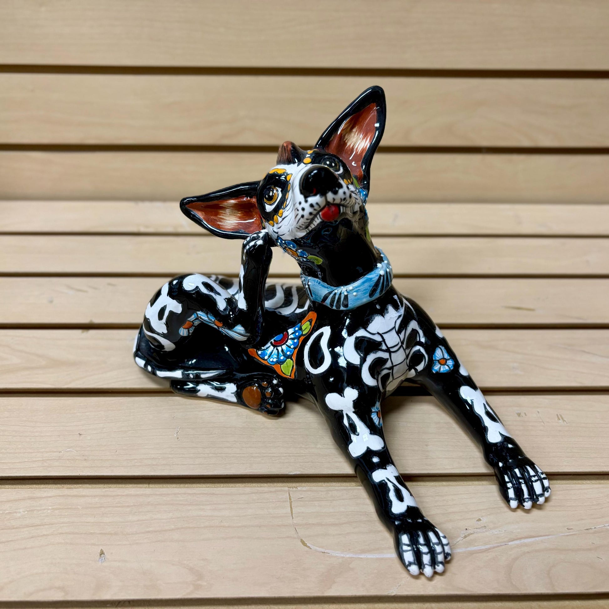 Hand Painted Scratching Dog Sculpture, Authentic Ceramic Hand Crafted Mexican Talavera