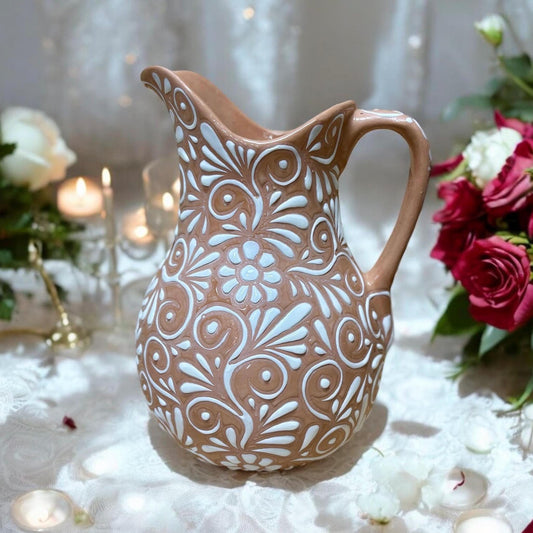 Clay Beige and White Hand Painted Talavera Pitcher, Authentic Ceramic Hand Crafted Mexican Talavera