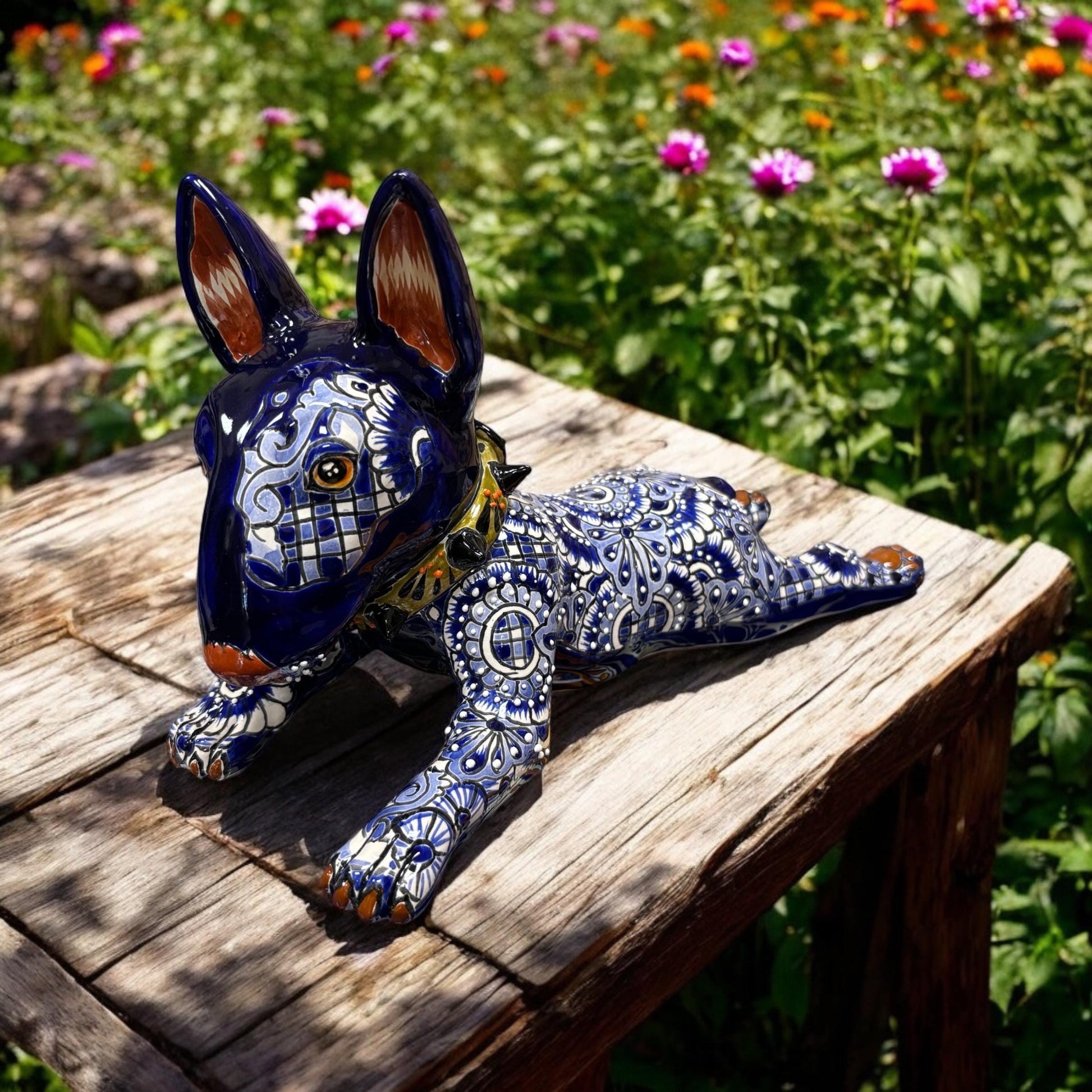 Cute Hand Painted Bull Terrier Dog Sculpture, Authentic Ceramic Hand Crafted Mexican Talavera