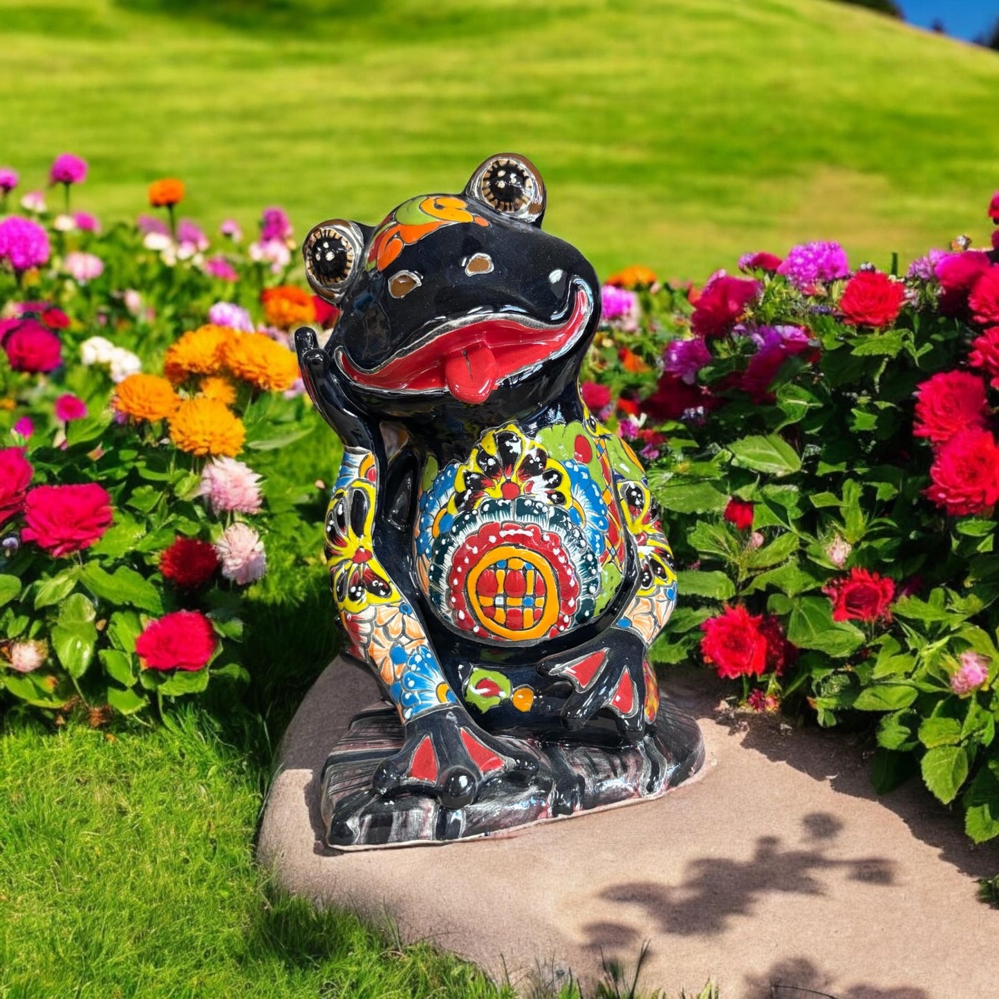 Hand Painted Sitting Frog Figure Sculpture, Authentic Ceramic Hand Crafted Mexican Talavera