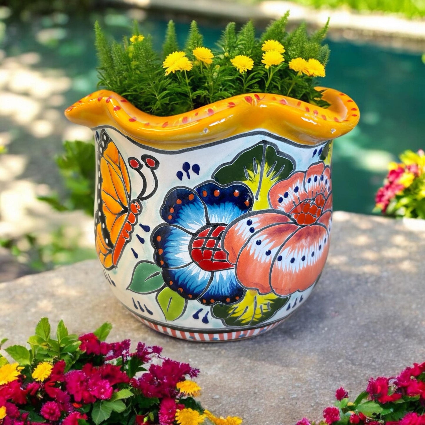 Wavy Rim Hand Painted Colorful Planter Pot, Authentic Mexican Ceramic Hand Crafted Talavera