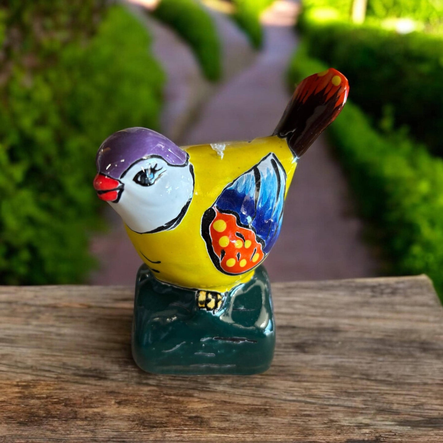 Mexican Hand Painted Bird on Wooden Block Figure, Authentic Mexican Ceramic Hand Crafted Talavera