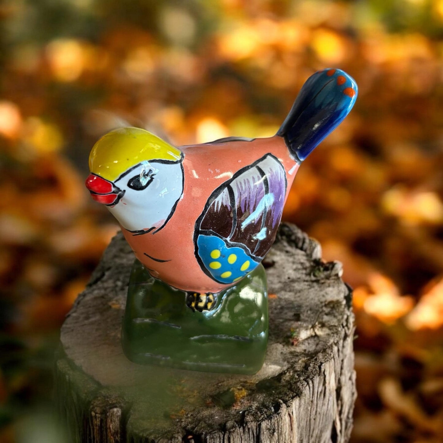 Mexican Hand Painted Bird on Wooden Block Figure, Authentic Mexican Ceramic Hand Crafted Talavera