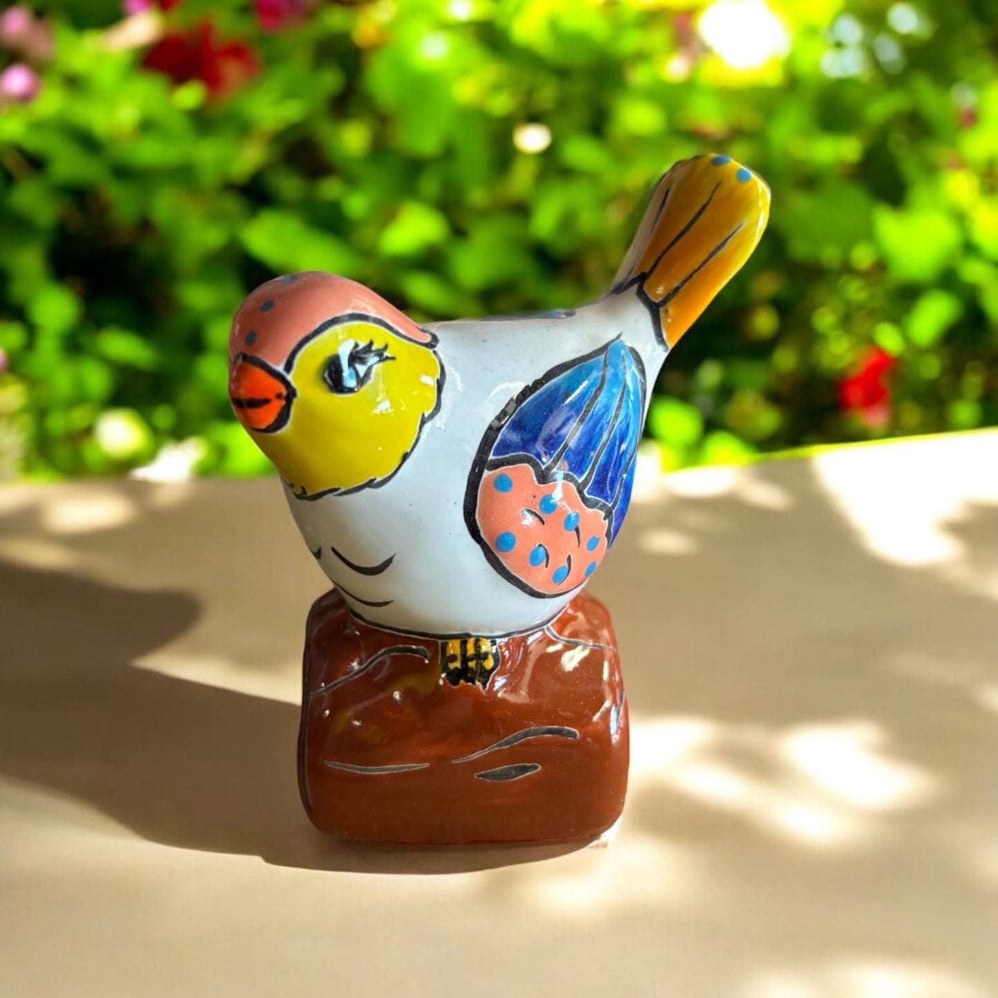 Mexican Hand Painted Bird on Wooden Block Figure, Authentic Mexican Ceramic Hand Crafted Talavera