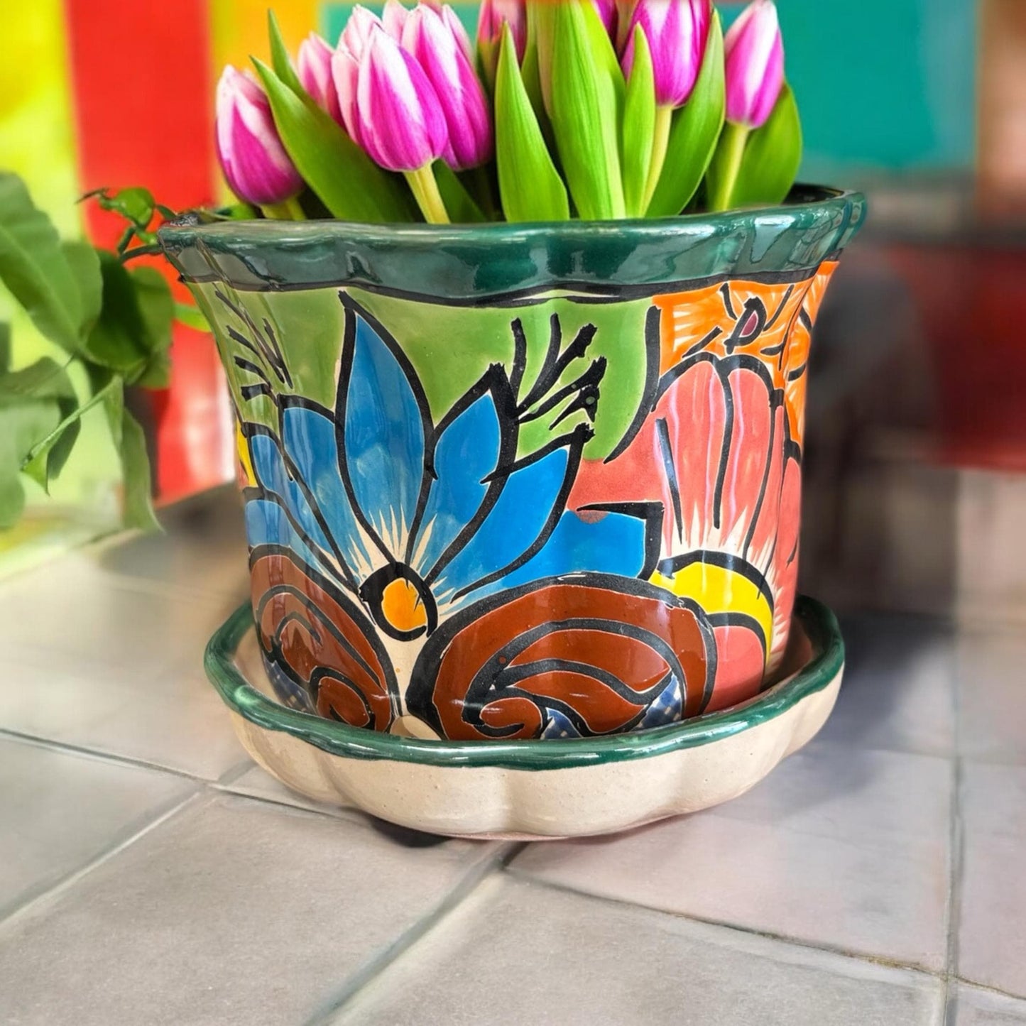 Wavy Hand Painted Colorful Planter Pot with Saucer Plate, Authentic Mexican Ceramic Hand Crafted Talavera