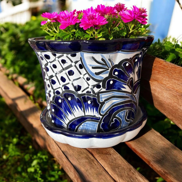 Wavy Hand Painted Colorful Planter Pot with Saucer Plate