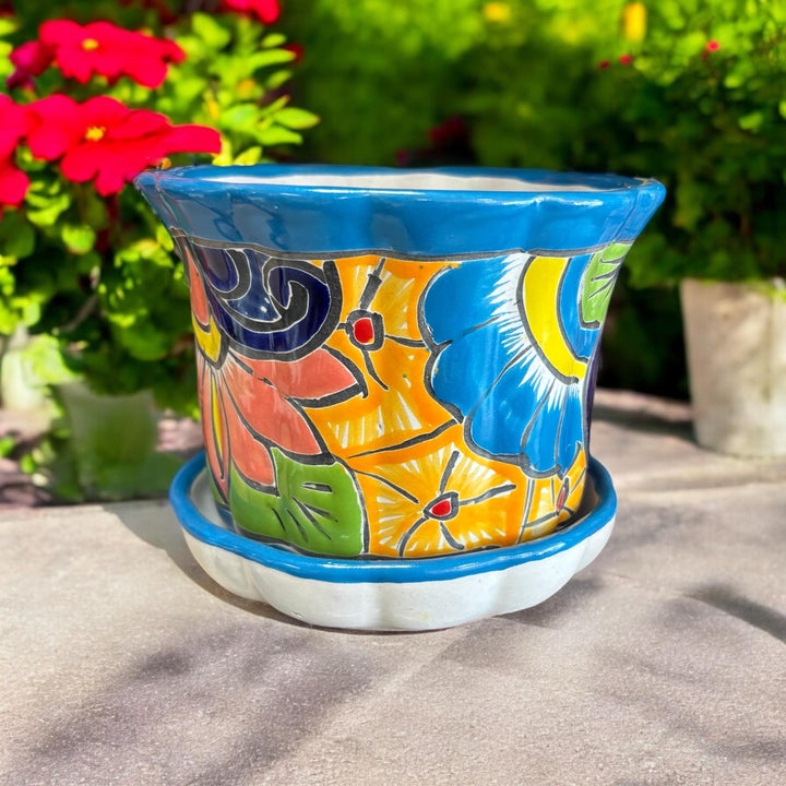 Wavy Hand Painted Colorful Planter Pot with Saucer Plate