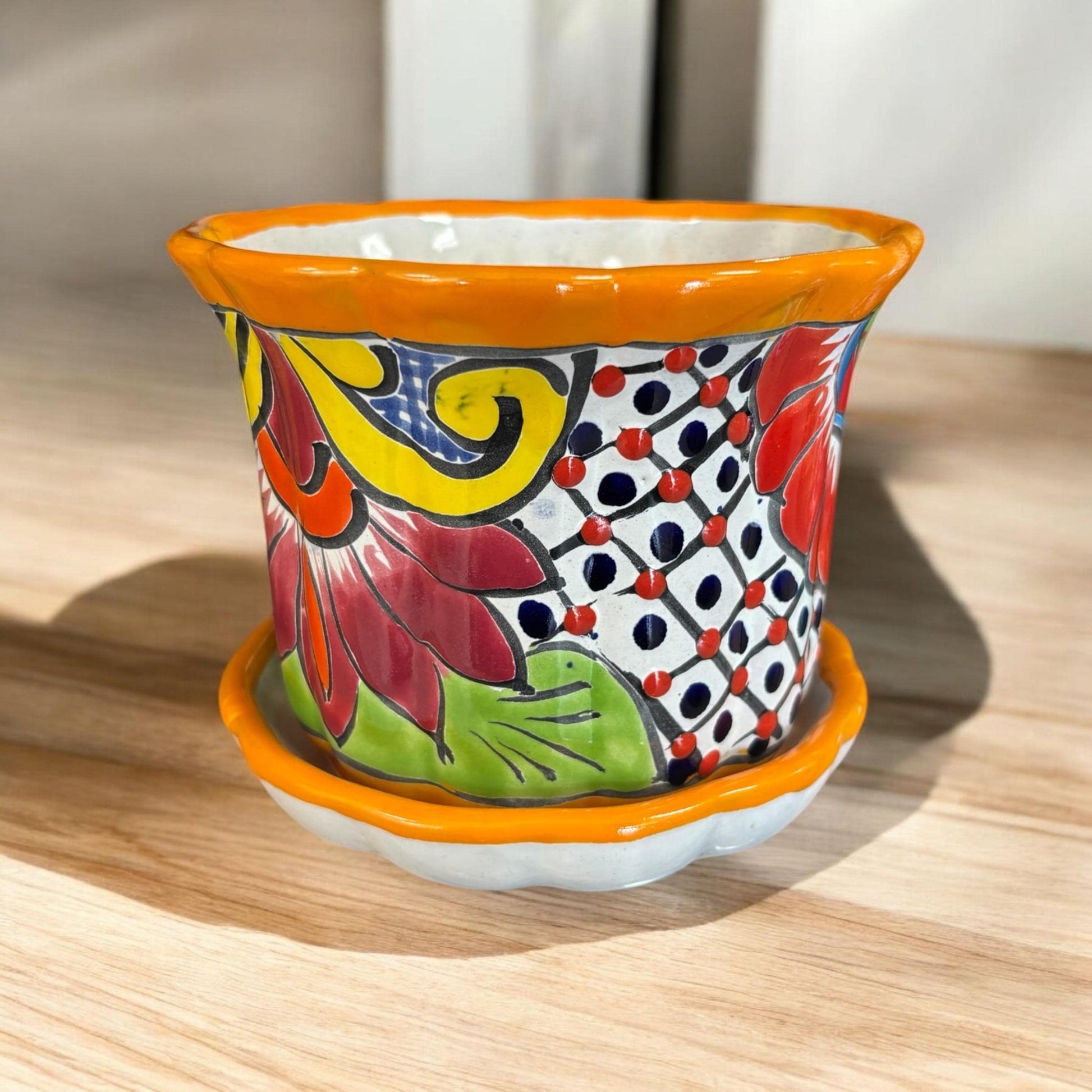 Wavy Hand Painted Colorful Planter Pot with Saucer Plate, Authentic Mexican Ceramic Hand Crafted Talavera