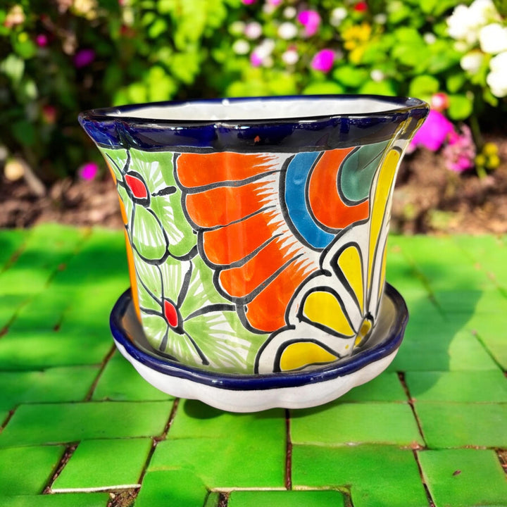 Wavy Hand Painted Colorful Planter Pot with Saucer Plate