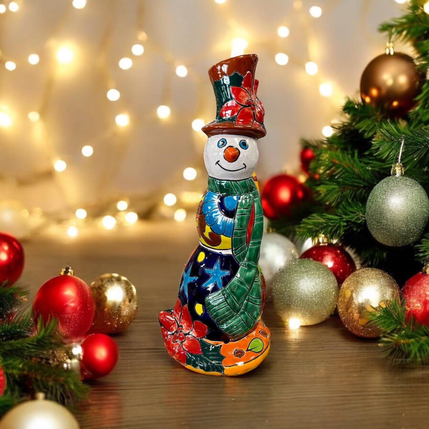 Tall Hand Painted Snowman Holiday Statue, Authentic Mexican Ceramic Hand Crafted Talavera