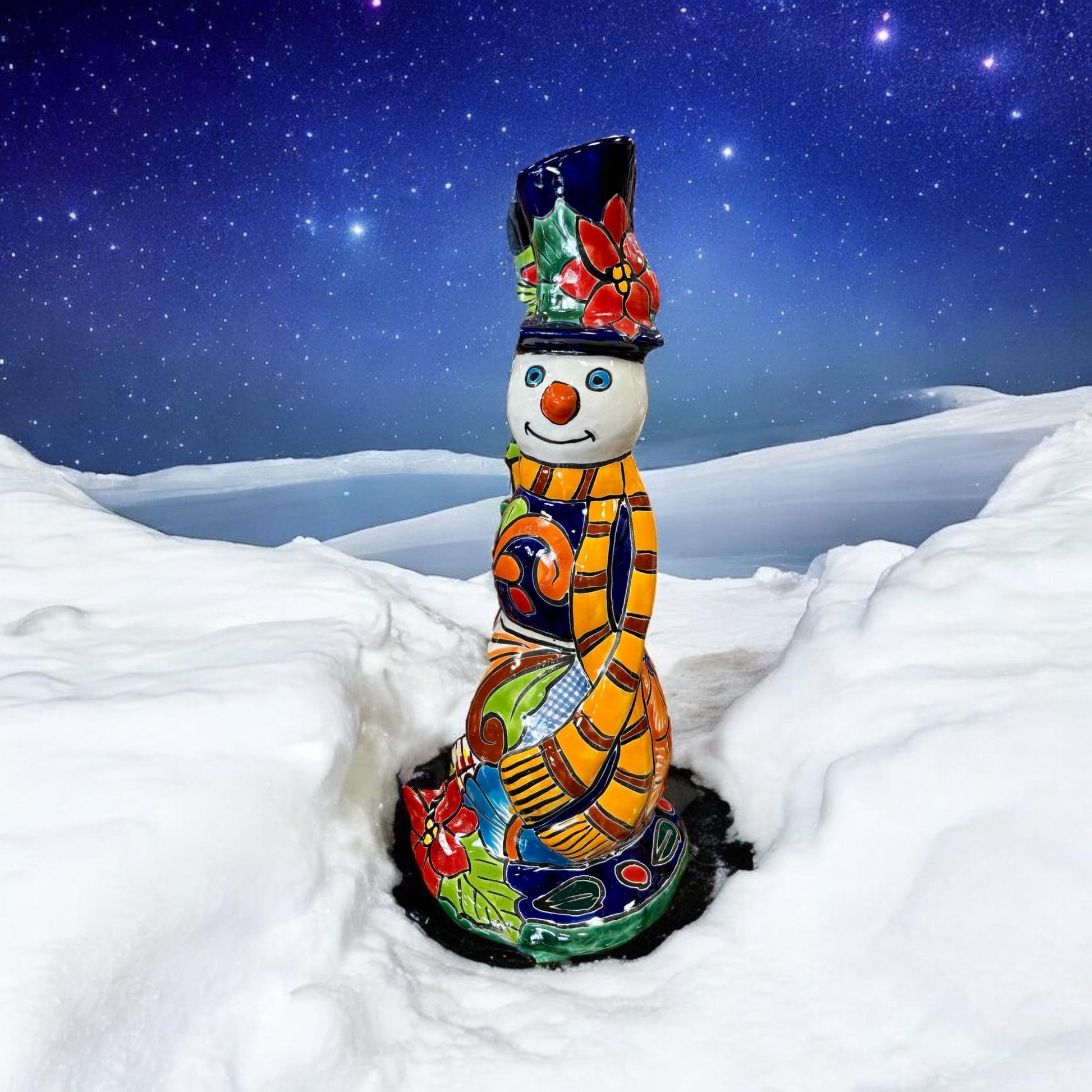 Tall Hand Painted Snowman Holiday Statue, Authentic Mexican Ceramic Hand Crafted Talavera