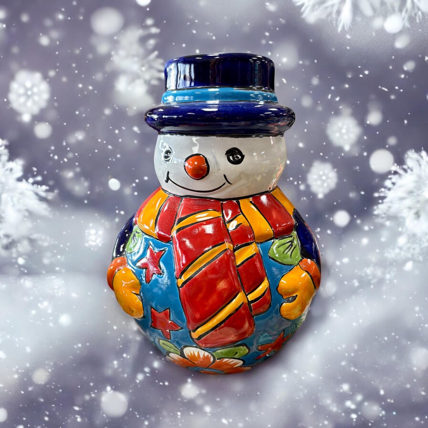 Hand Painted Hollow Snowman Holiday Statue For Tea Candle, Authentic Mexican Ceramic Hand Crafted Talavera