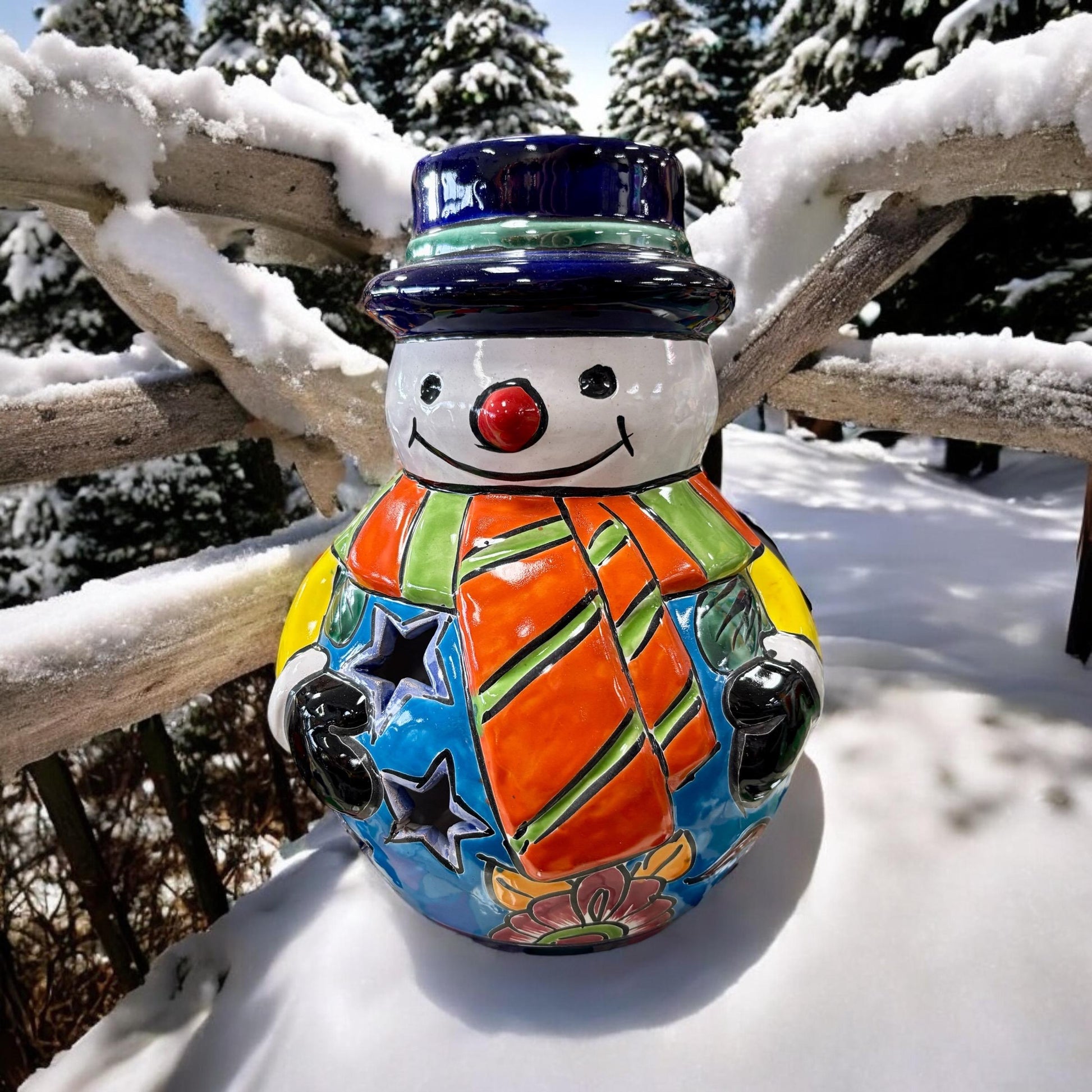 Hand Painted Hollow Snowman Holiday Statue For Tea Candle, Authentic Mexican Ceramic Hand Crafted Talavera