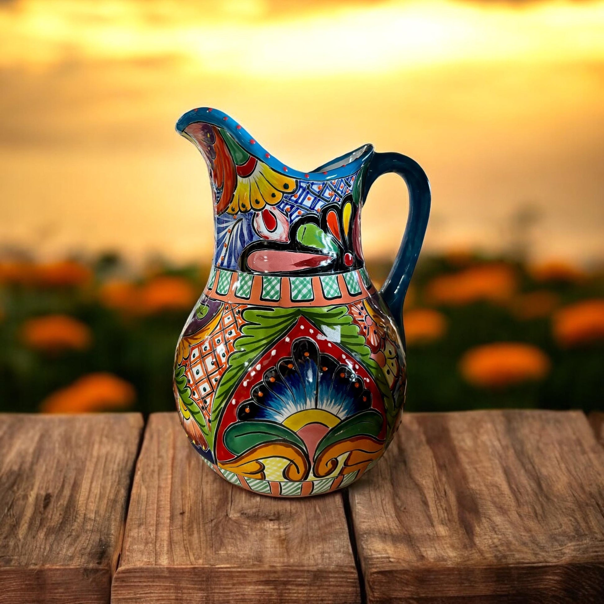 Colorful Hand Painted Water Pitcher, Authentic Ceramic Hand Crafted Mexican Talavera