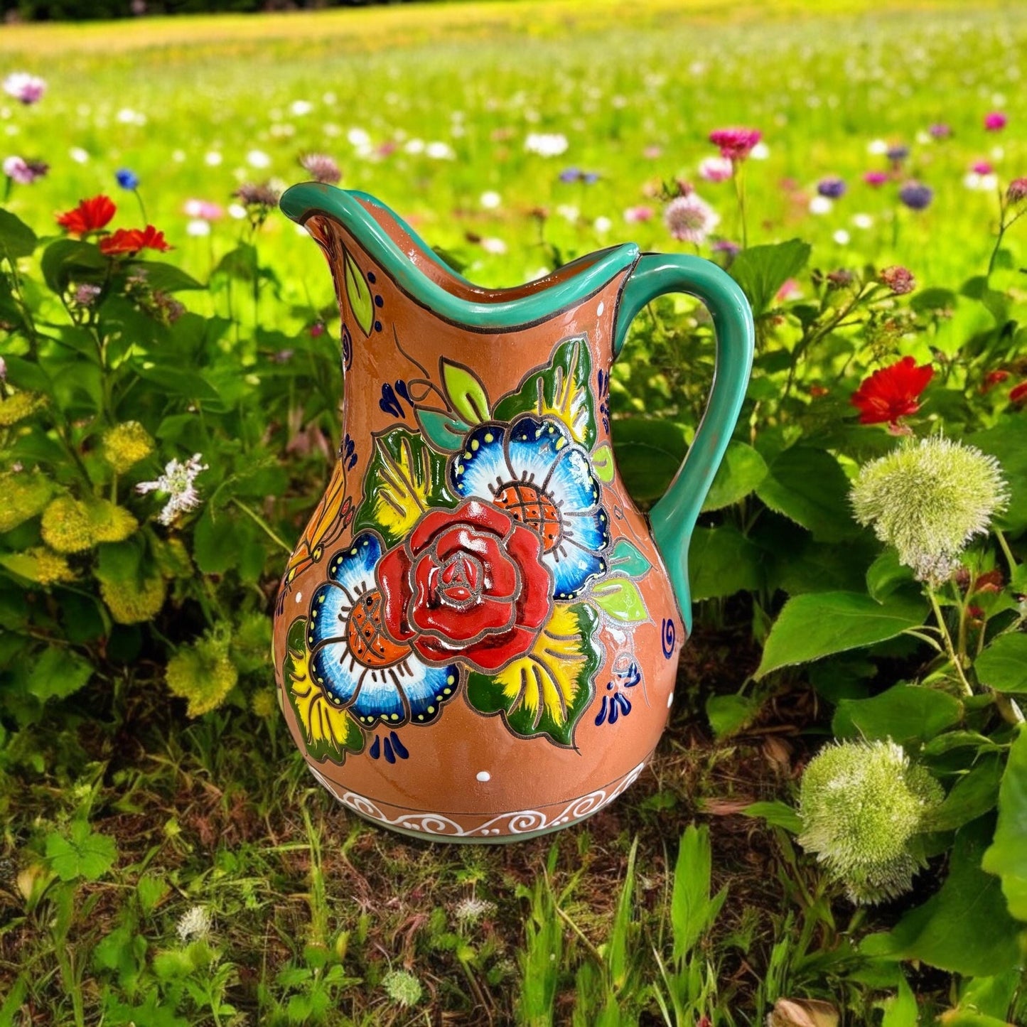 Colorful Hand Painted Water Pitcher, Authentic Ceramic Hand Crafted Mexican Talavera