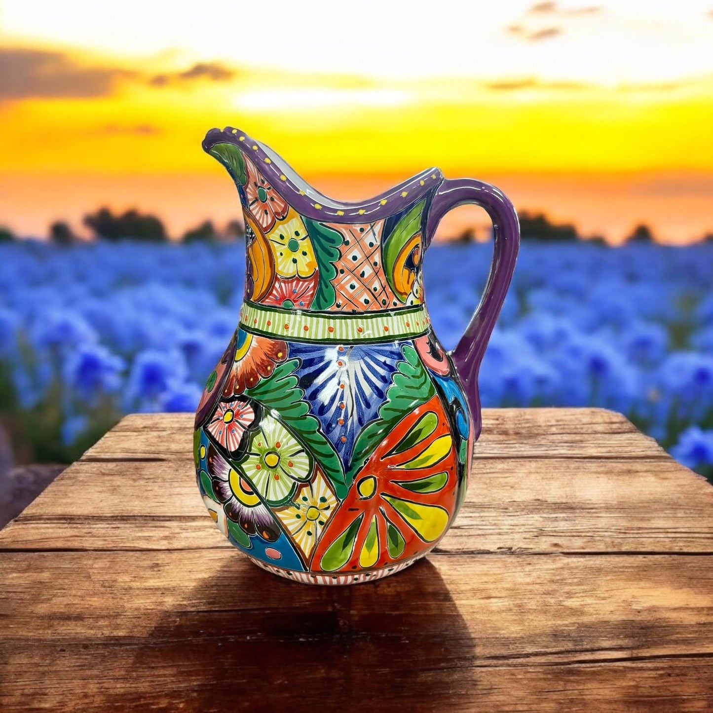 Colorful Hand Painted Water Pitcher, Authentic Ceramic Hand Crafted Mexican Talavera