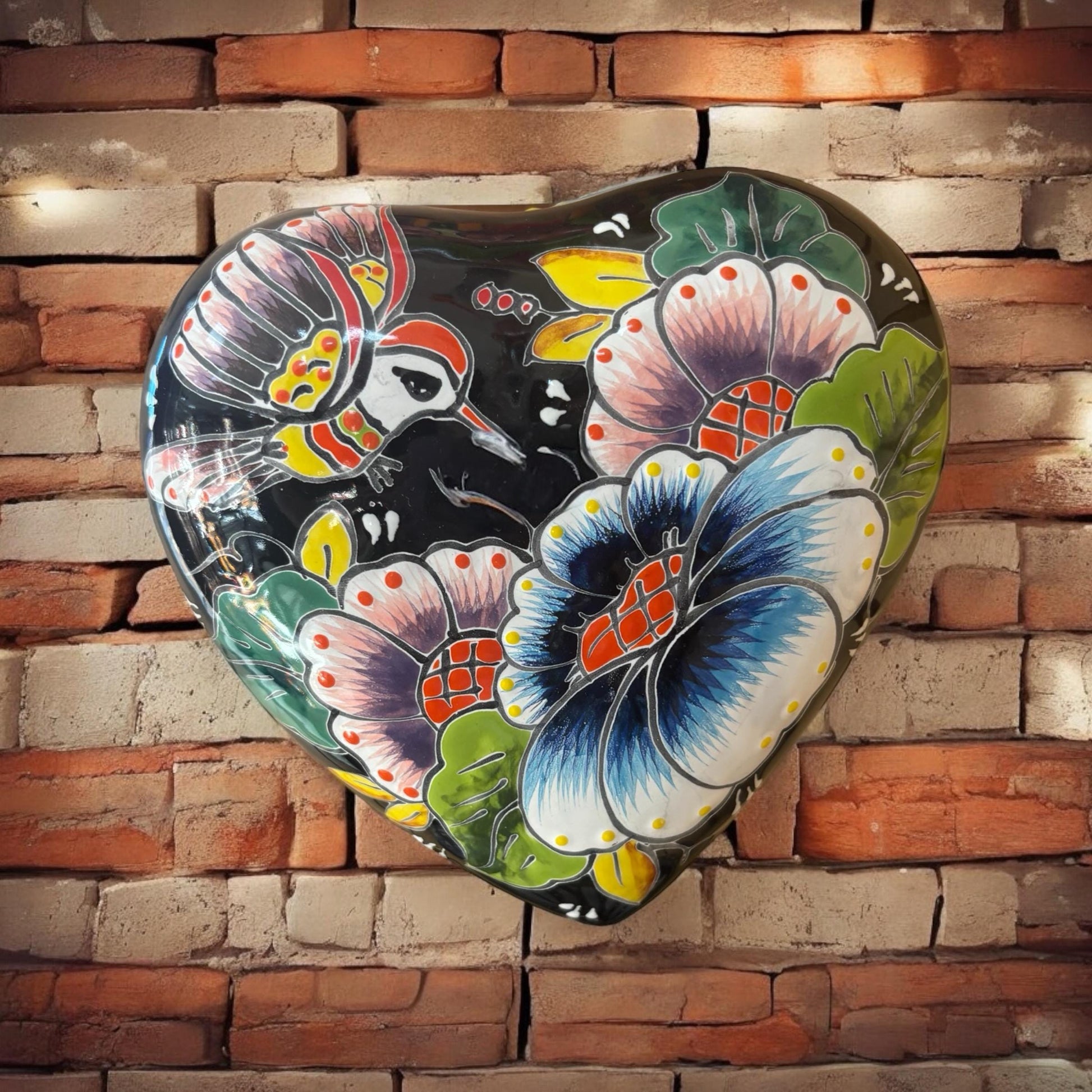 Hand Painted Heart Garden Stone Wall Decor - Authentic Ceramic Hand Painted Mexican Talavera