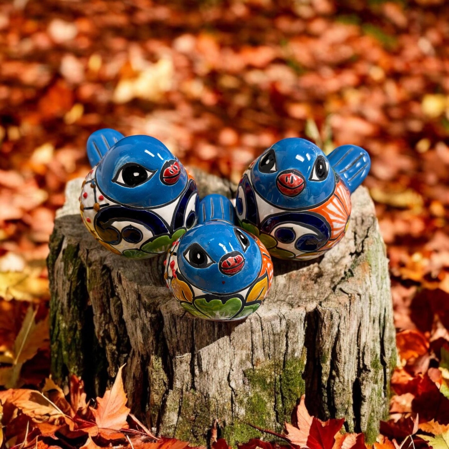 Hand Painted 3-Piece Bird Set Garden Decor - Authentic Ceramic Hand Painted Mexican Talavera