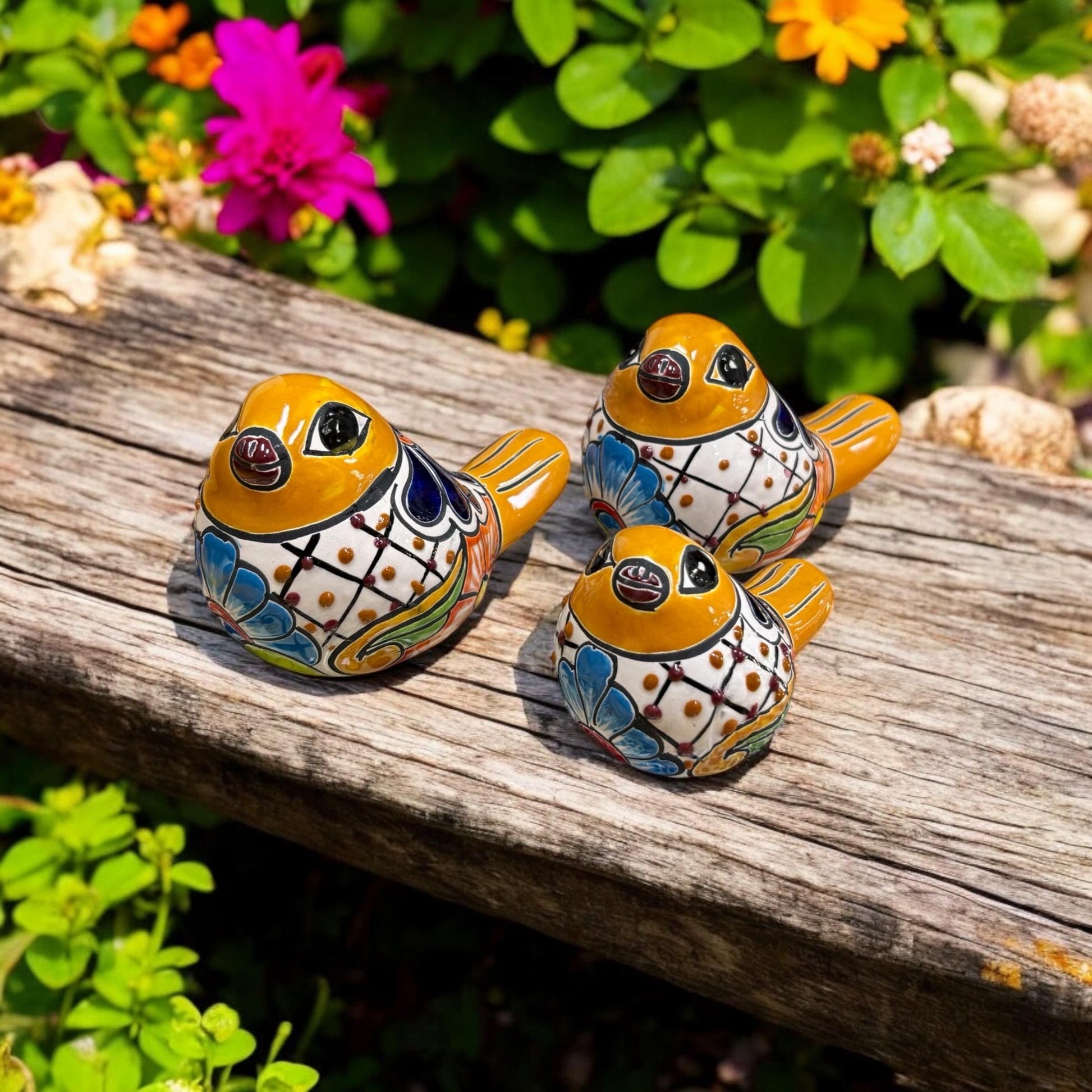 Hand Painted 3-Piece Bird Set Garden Decor - Authentic Ceramic Hand Painted Mexican Talavera