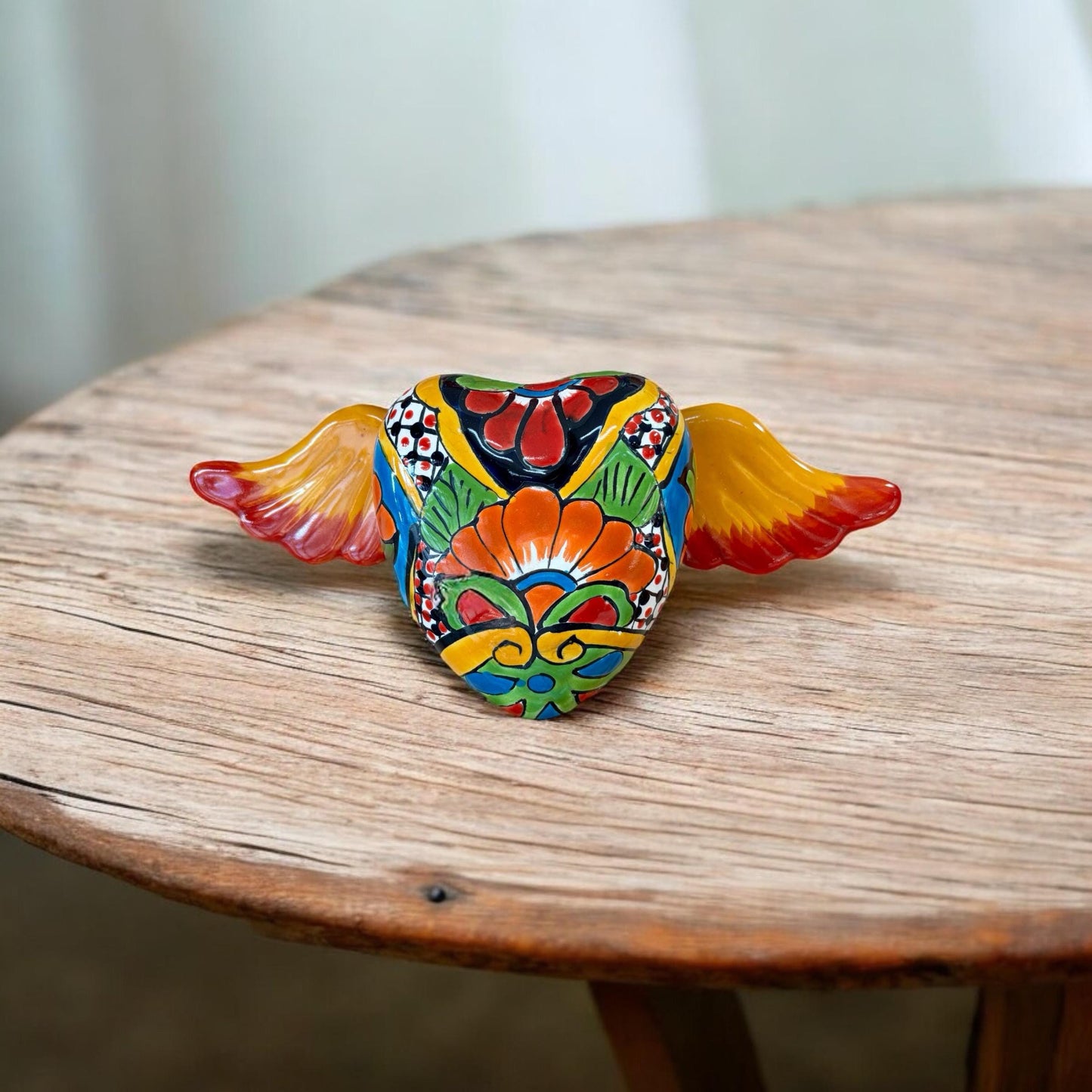 Fiery Flying Heart Garden Wall Decor - Authentic Ceramic Hand Painted Mexican Talavera