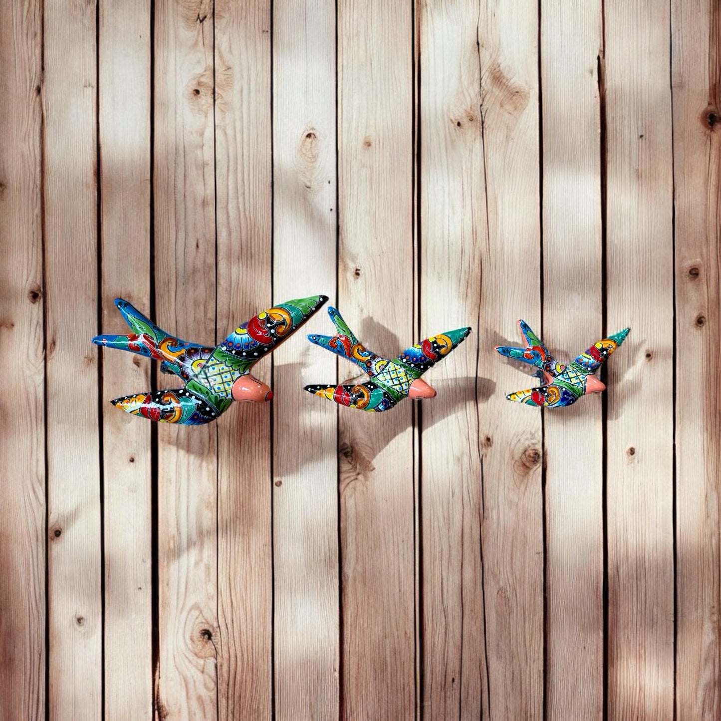 Hand Painted 3-Piece Swallow Set Garden Wall Decor - Authentic Ceramic Hand Painted Mexican Talavera