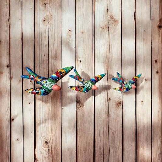 Hand Painted 3-Piece Swallow Set Garden Wall Decor - Authentic Ceramic Hand Painted Mexican Talavera