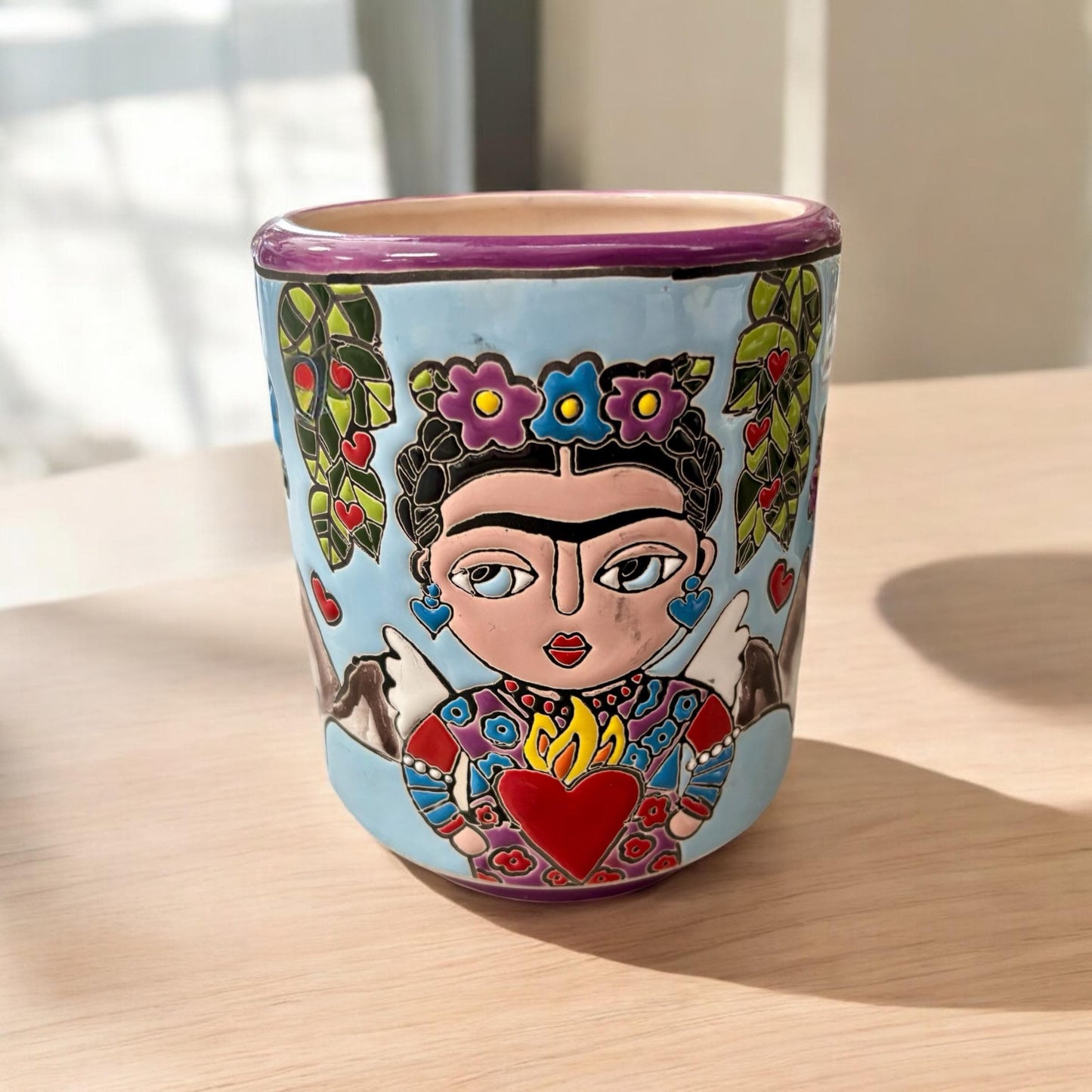 Colorful Frida Kahlo and Floral Hand Painted Cylinder S Planter Pot, Authentic Mexican Ceramic Hand Crafted Talavera