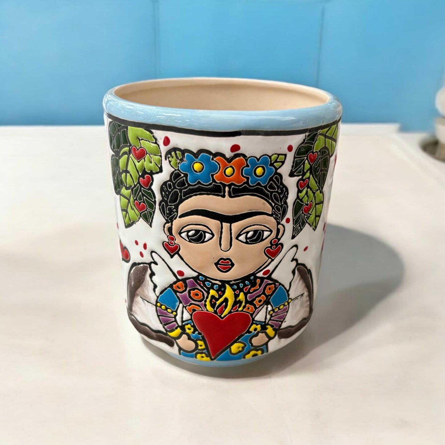 Colorful Frida Kahlo and Floral Hand Painted Cylinder S Planter Pot, Authentic Mexican Ceramic Hand Crafted Talavera