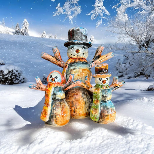 Snowman Family Hand Painted Christmas Holiday Statue, Authentic Mexican Ceramic Hand Crafted Talavera